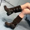 Fashion Comemore Chunky Heel Buckle Vintage Fashion Motorcycle Knee High Mid Calf Boots Shoes Leather New Platform Biker Boots for Women