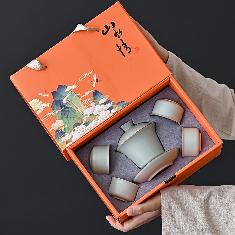 

Ceramic Ru kiln cover bowl landscape love kung fu tea set one pot four cups small set gift box company event gift