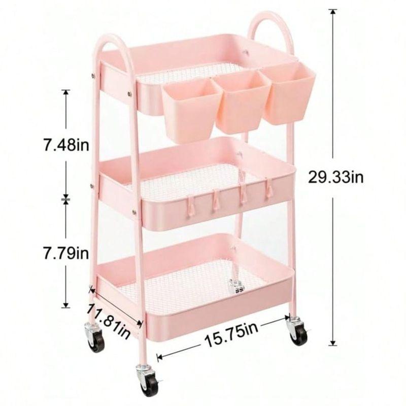 3-Tier Rolling Utility Cart With Lockable Wheels, Mobile Metal Storage Cart With Hanging Cups And Hooks For, Bathroom