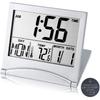 Digital Travel Alarm Clock Battery Operated, Portable Large Number Display Alarm Clock with Temperature,12/24 H Small Desk Clock -Silver (NO Light)