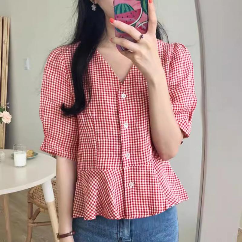 

ZANZEA Женская повседневная блузка в клетку с V-образным вырезом и коротким рукавом для лета 5XL красный