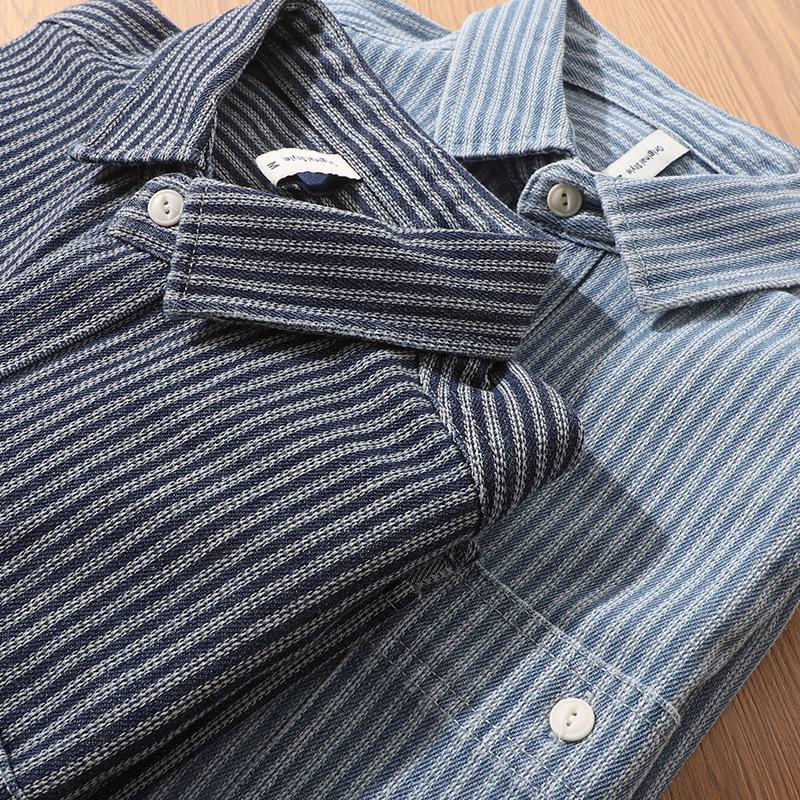 Men's American Retro Stripe Denim Shirt - Trendy Long Sleeve Jacket for Spring & Autumn
