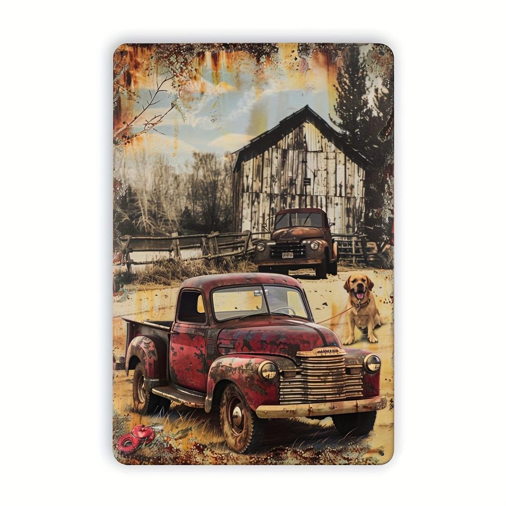 Vintage Truck and Dog Metal Tin Sign Rustic Farmhouse Wall Art with Durable Iron Decor for Home Bar Cafe Garage Easy to