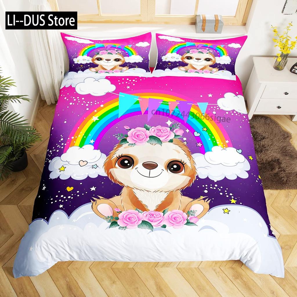 Sloth Duvet Cover Set Cartoon Character Sleeping on Branch Decorative 3 Piece Bedding Set with 2 Pillow Shams Queen Full Size