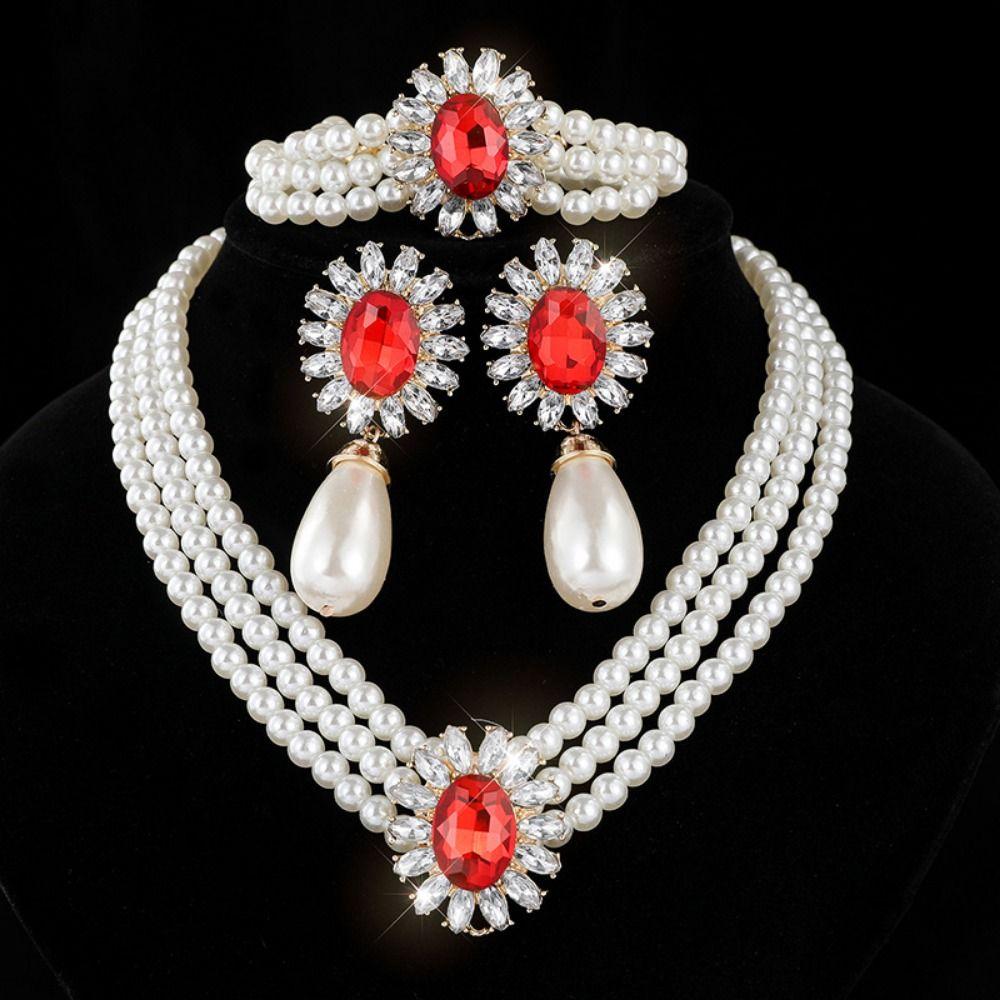 Inlaid Rhinestone Multilayer Jewelry Set Shining Clavicle Chain Pearl Necklace Earring Set Bridal