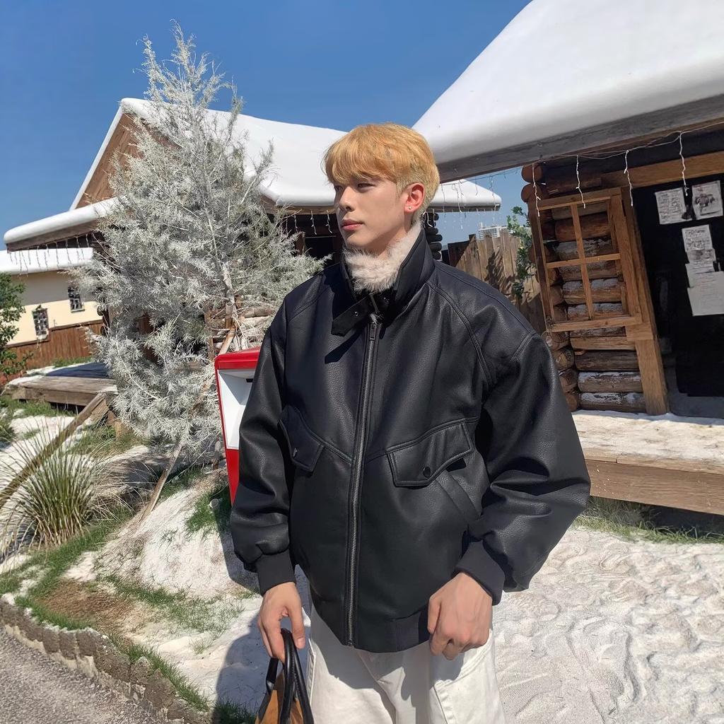 Frost crack leather seat mountain carving coat men and women autumn and winter American cleanfit PU leather jacket cotton clothes