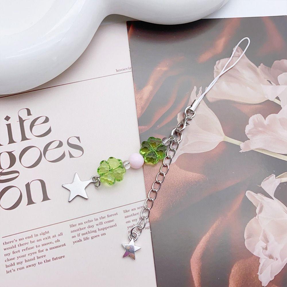 Summer Lucky Grass Phone Charms Green Four-leaf Clover Beaded Keychain Bag Pendant   Gifts
