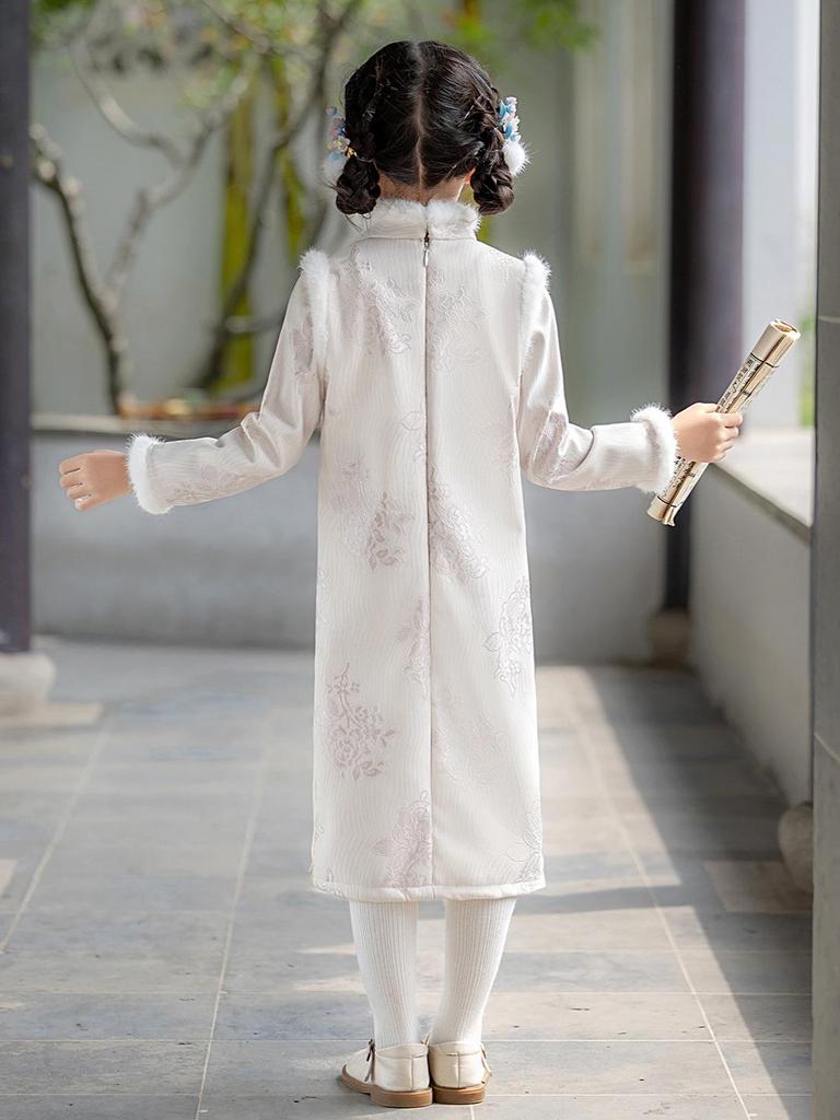 Girls' Winter Long Sleeve Velvet Cheongsam: Chinese-Style Tang Suit Hanfu Dress for Older Children
