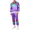 Womens 80s Theme Party Tracksuit Color Block Satin Sports Set Stand Collar Long Sleeve Zipper Jacket Drawstring Sweatpants