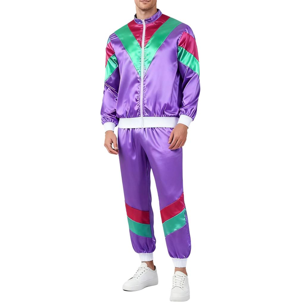 Womens 80s Theme Party Tracksuit Color Block Satin Sports Set Stand Collar Long Sleeve Zipper Jacket Drawstring Sweatpants