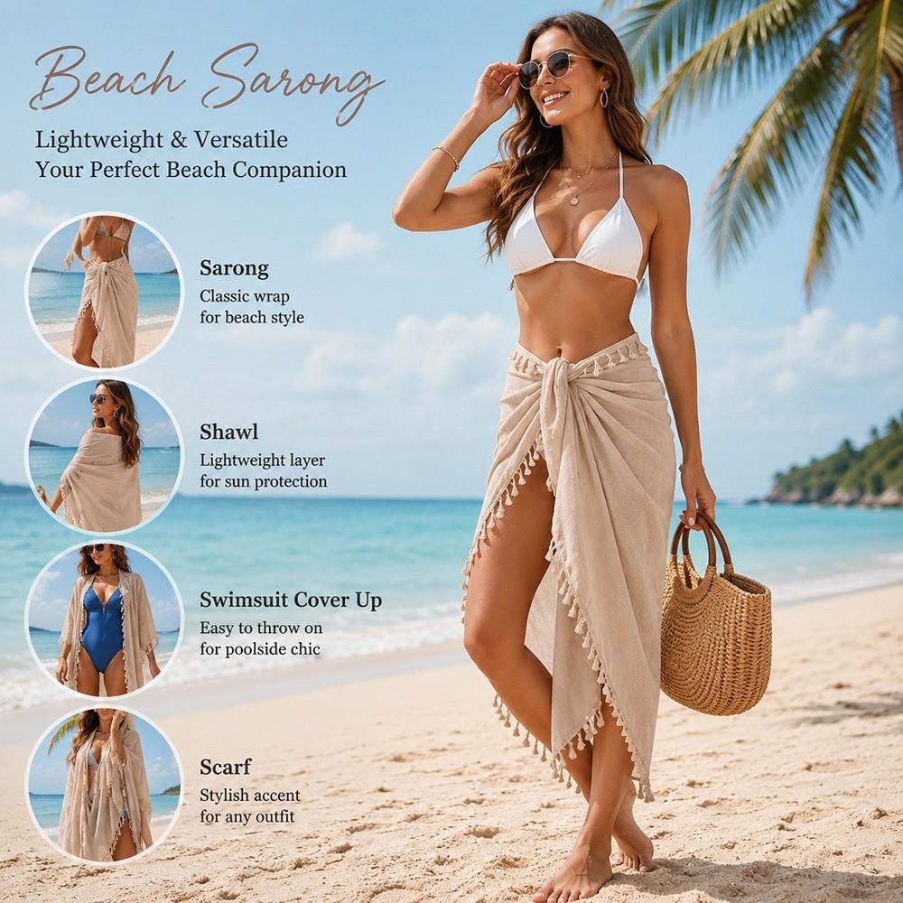 Solid Color Bikini Cover Up Sheer Design Sarong Beach Towel  for Women Seaside Holiday