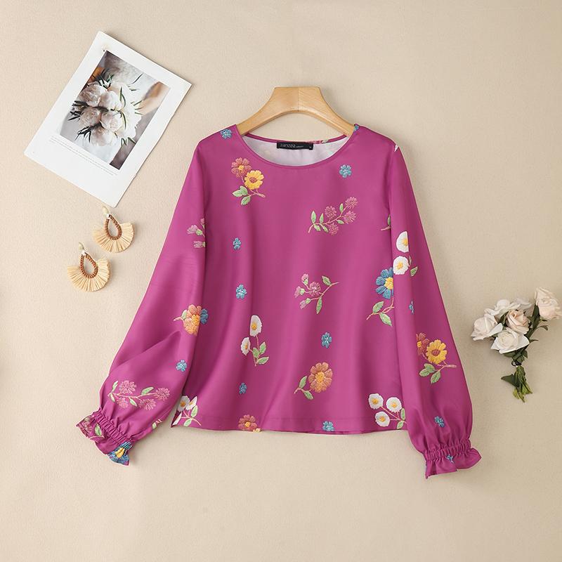 ZANZEA Women Casual Round Neck Long Sleeve Loose Print Blouse