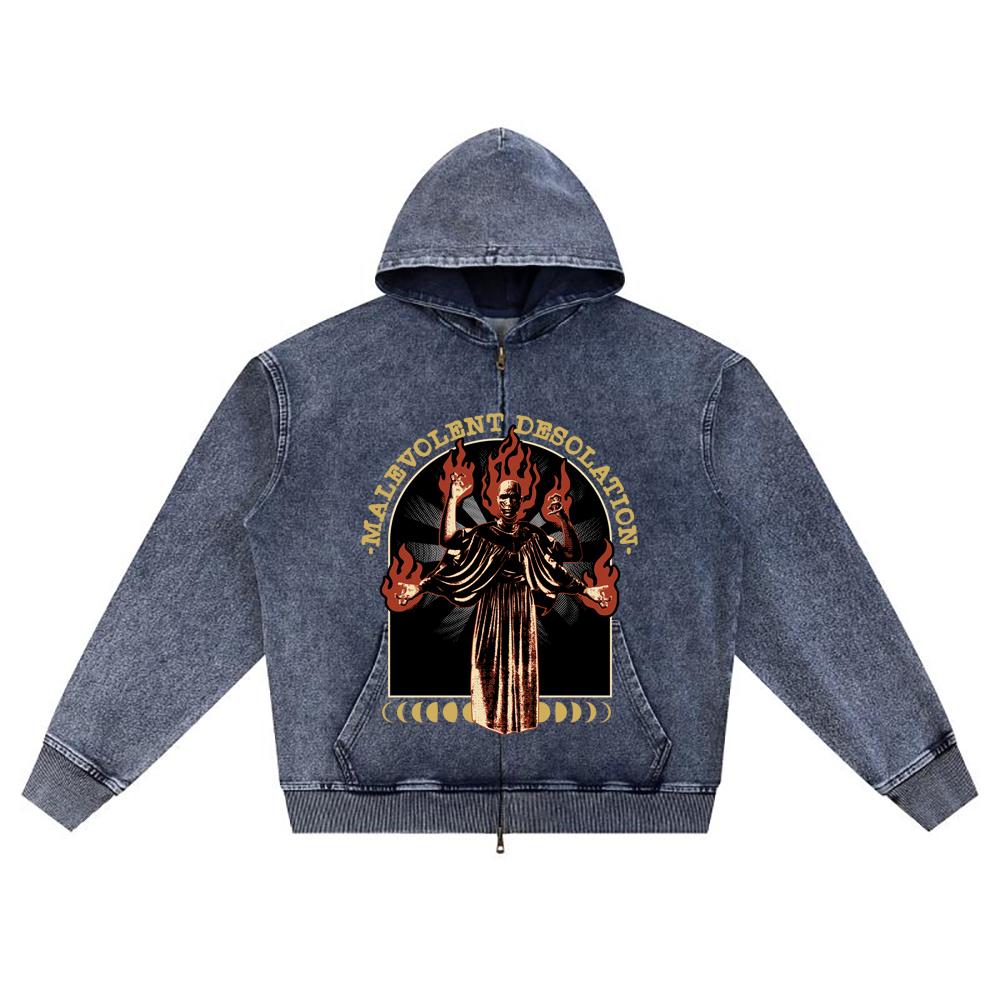 

DTG print Knitted Denim Zip-Up Hoodie Malevolent Brother Print Zipper Hoodies XL