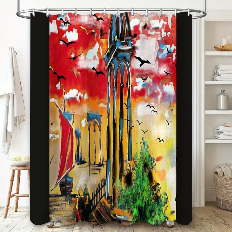 Vintage Landscape Shower Curtain Gothic Cathedral Scenic Tapestry Bathroom Decor Artistic Wall Hanging Medieval Backdrop