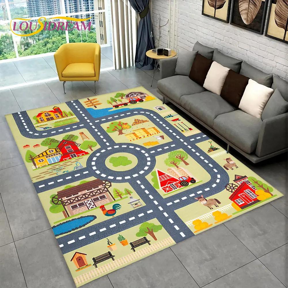 Highway City Traffic Cartoon Area Rug,Carpet Rug for Living Room Playroom Children's Bedroom Decor,Kid Game Non-slip Floor Mat