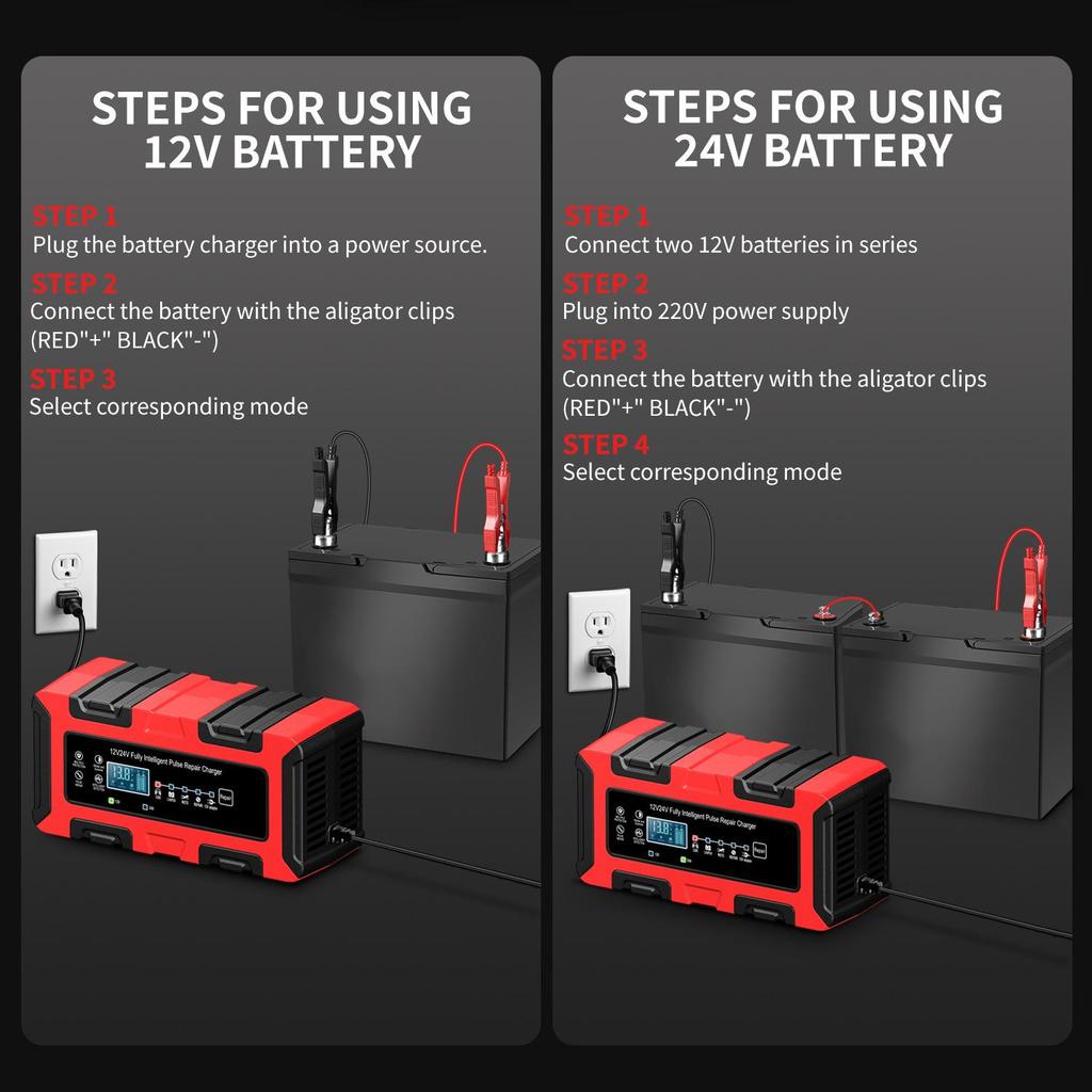 12V/24V 10A Smart Pulse Car & Motorcycle Battery Charger with Large Display