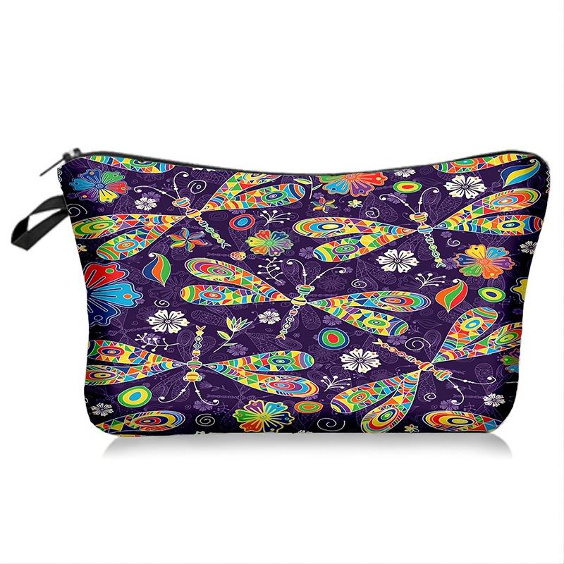 1pc Beautiful Dragonfly Flower Print Makeup Bags, Women Portable Travel Cosmetic Storage Bags with Zipper