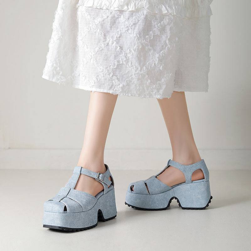 Krazing Pot Polyurethane Spring Summer Size 43 Size 42 Women Platform Women Square Toe Buckle Thick Bottom Pumps