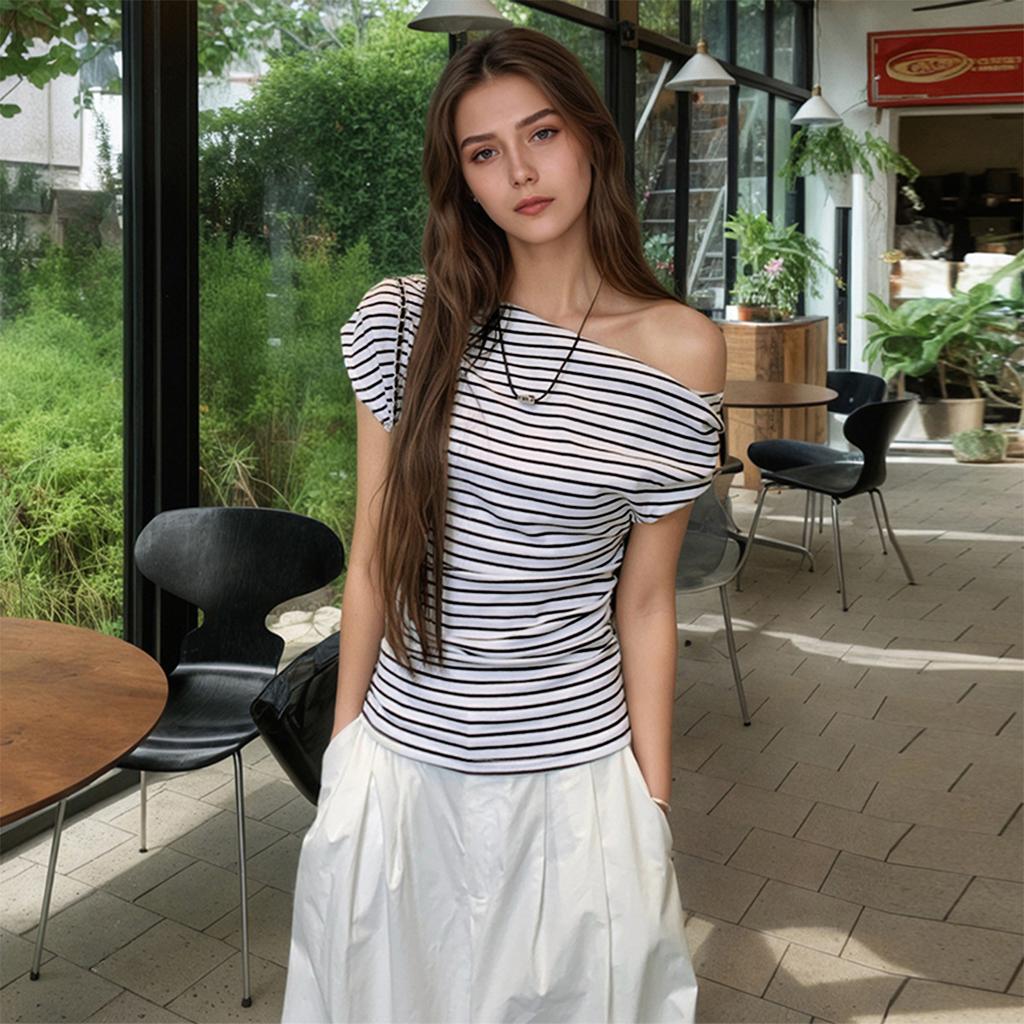 Women's Summer Slant Neck Striped Spice Girls Slim-fit Off-the-shoulder Short-sleeved T-shirt