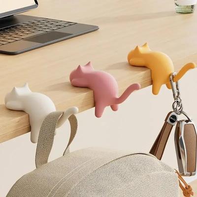 1/2pcs Cat Shaped Desktop Backpack Hook Student Desk Side Multifunctional Key Hook Strong Load-Bearing No Punching No Marks