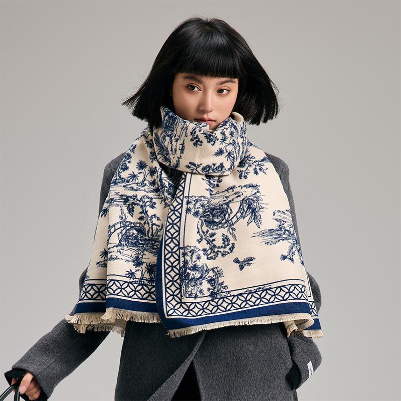 Antique Winter Warm Fashion Advanced Sense Age-Reducing Scarf Literary And Retro Double-Sided Shawl Cape Versatile Scarf Women