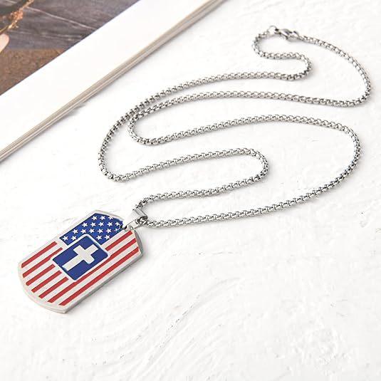 American Flag Stars and Stripes Trendy Fashion Lettering Cross Dog Tag Pendant Necklace