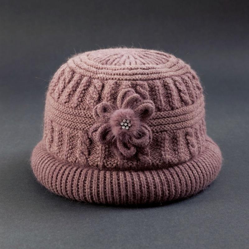 Middle-aged and Elderly Floral Knitted Thick Velvet Winter Hat