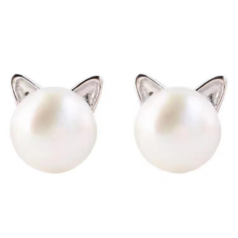 SUMENG 2025 Women's Fashion Little Cat Stud Earrings with Pearl Embellishment, Korean Style Jewelry Accessories for Travel