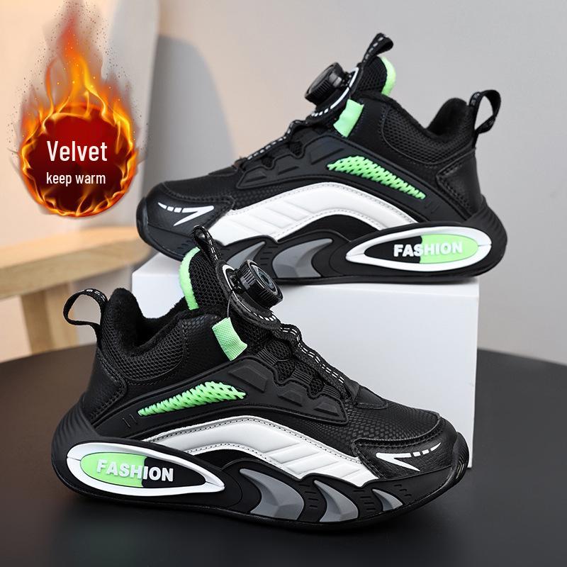 Boys' Winter Sneakers: Velvet-Lined, Rotating Buckle, Cotton Basketball Shoes for Big Kids