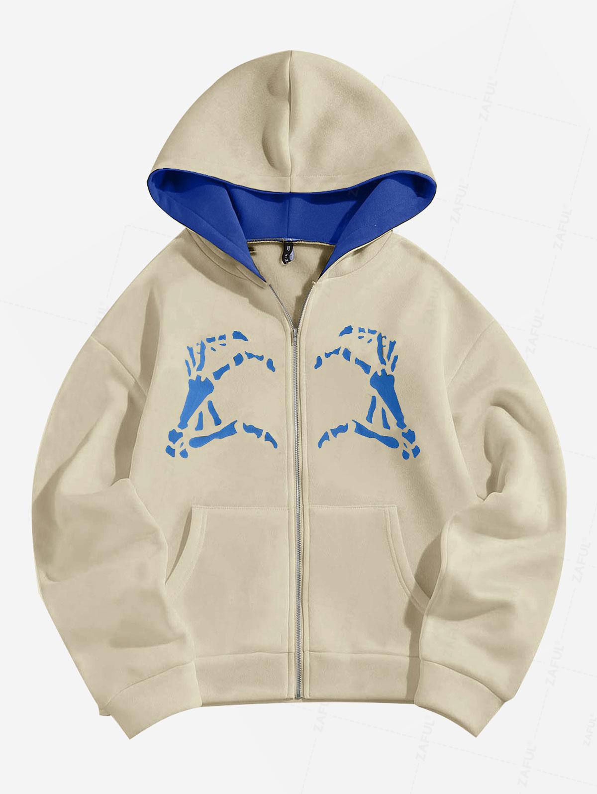 

ZAFUL Толстовка с капюшоном на молнии с изображением рук скелета на Хэллоуин L света кофе