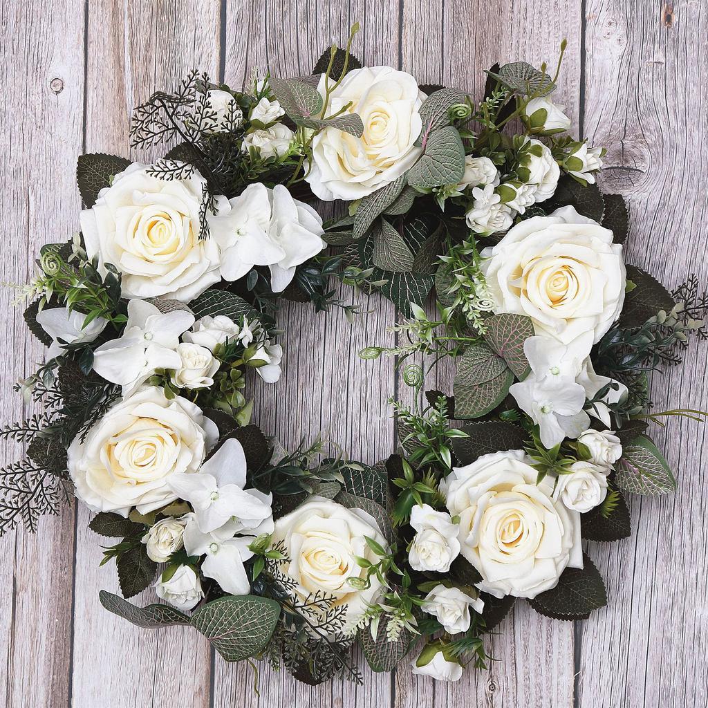 Artificial Rose Flower Wreath 17.7 Inch Spring Summer Floral Wreath for Front Door Wall Window Party Wedding Decor
