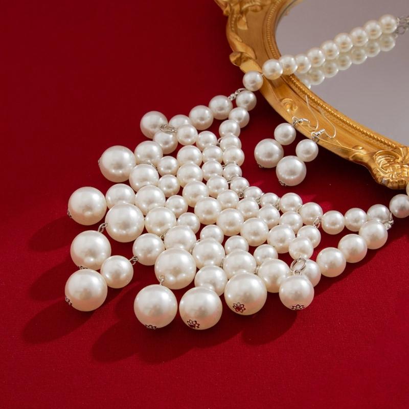 Pearls Beaded Fringe Necklace Adjustable Length Neckchain Multi-layer Clavicle Chain Jewelry for Parties and Daily Wear