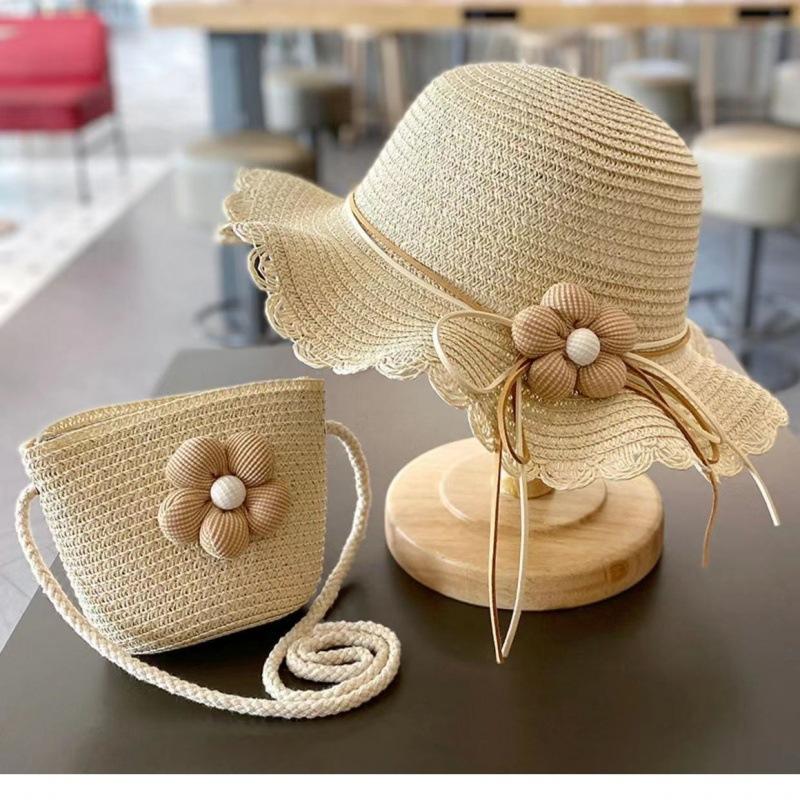 Summer Baby Flower Straw Hat With Handbag Bags 2pcs Set For Kids Little Girls Sun Cap Visor UV Protection Panama Hat Gorras