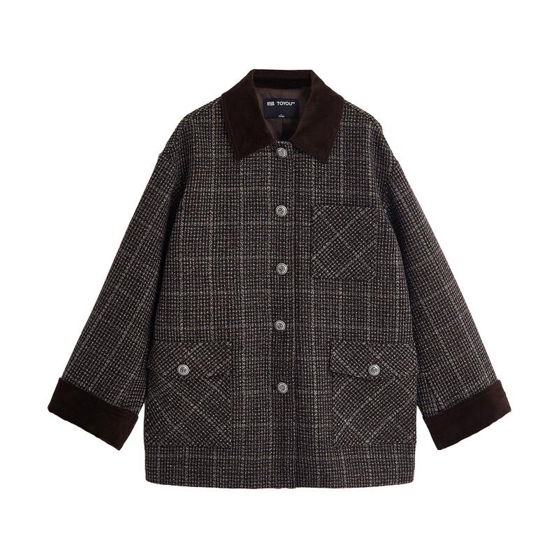 Chuyu Women's 100% Lamb Wool Plaid Tweed Corduroy Overcoat