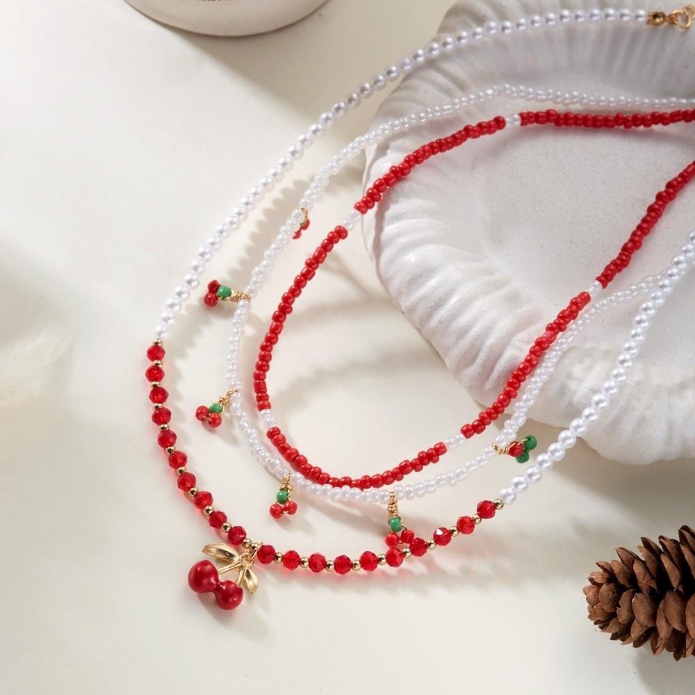 Red Fruit Pearl Beaded Necklace Multi-layer Strawberry Necklace Trendy Cherry Beads Necklace Women
