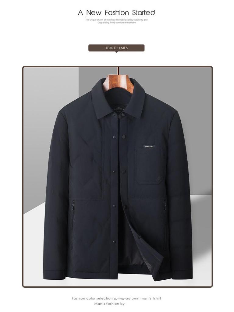 Men's White Shirt-Style Duck Down Jacket: Single-Breasted, Lapel, Warm, Business Casual Coat for Middle-Aged.