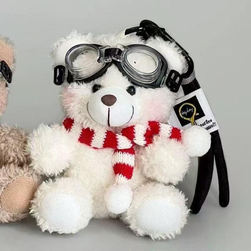 Cute Pilot Bear Plush Keychain - Soft Stuffed Animal Bag Charm with Goggles