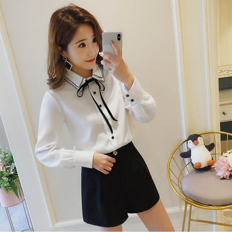 Loose All-match Solid Color Student Bow Chiffon White Shirt Ladies Long-sleeved Bottoming Shirt Commuting