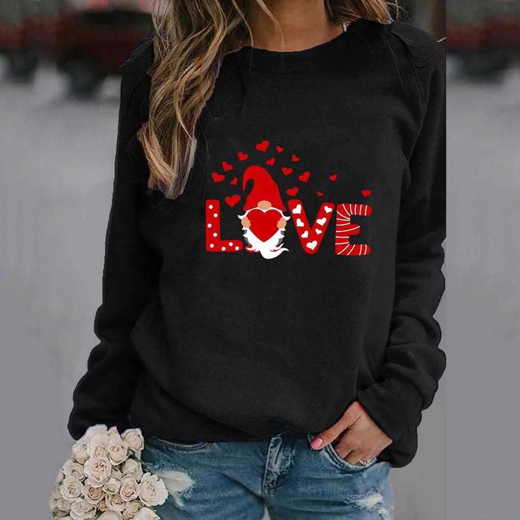 Fashion Womens Loose Valentine's Day Print Round Neck Long Sleeve Sweater Top