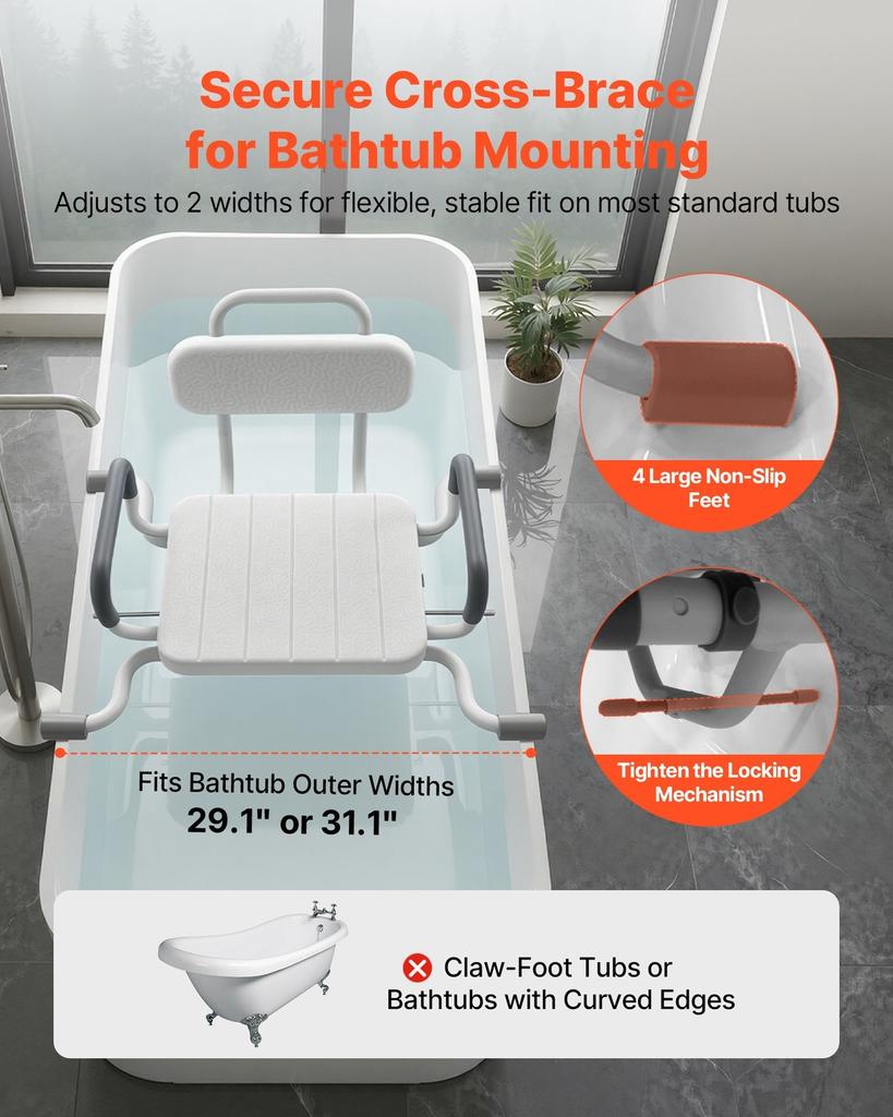 Swivel Shower Chair with Arms and Back, 100 Kg Heavy Duty Bench Seat for Inside Shower Stall and Bathtub Mounting, Bathroom Bath Tub Seat for Adults,