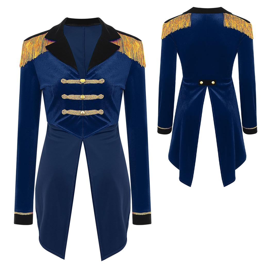 Damen Ringmaster Frack S-3XL, Samt Zirkus Auftrittsmantel Color Block Revers Langarm, Bühnenauftritt Cosplay Halloween Kostüm