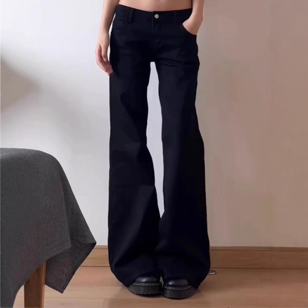 Women's Loose Versatile Straight Flared Pants Black Low Waist Wide Leg Slightly Pulled Jeans