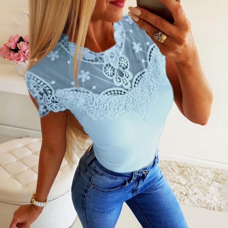 Summer Women Short Sleeve Lace Seethrough Top Fashion Frilled Hollow Top Out