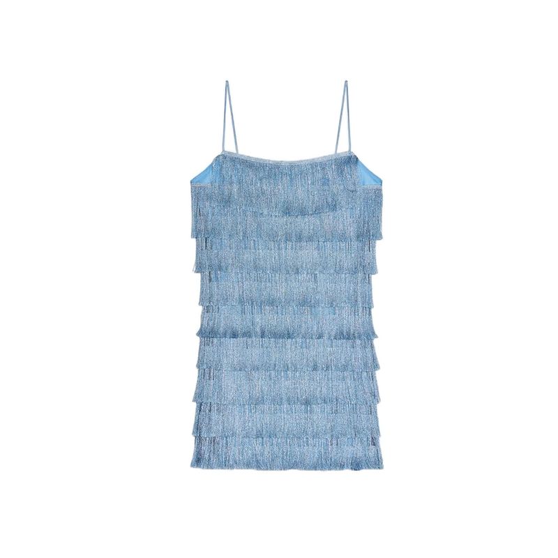 

Autumn New Women s Clothing French Sexy Wind Tassel Straight-leg Collar Spaghetti Strap Short Dress 8351046 Blue S