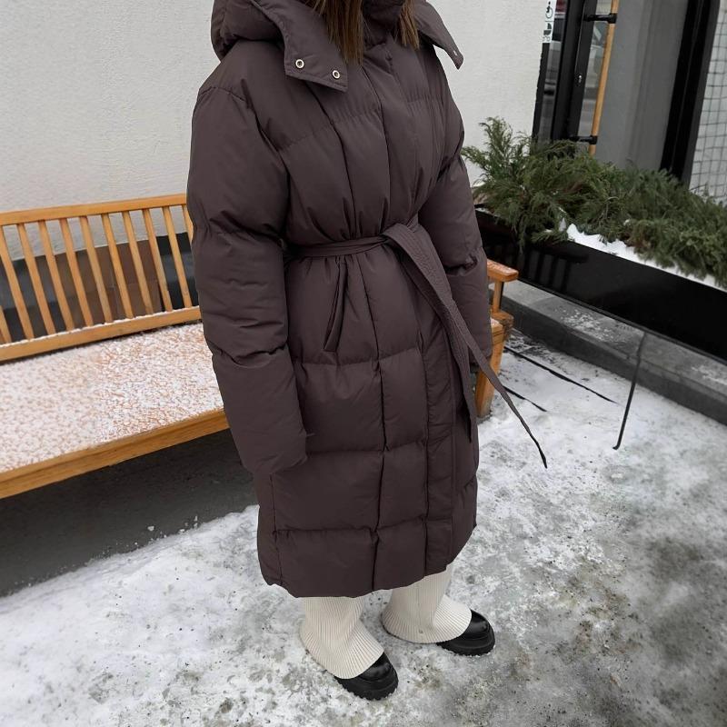 Women S Casual Waist Cinched Long Thick Warm Puffer Cotton Coat Brown