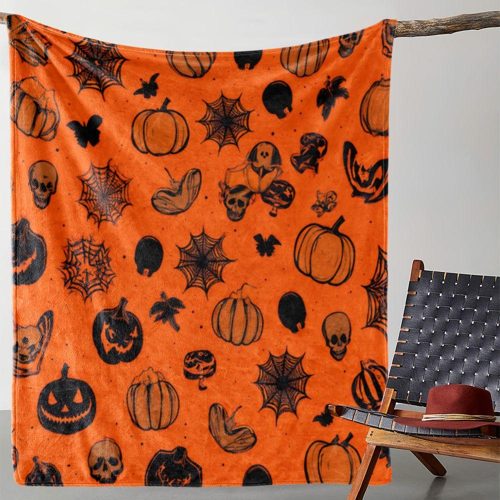 Spooky Halloween Pumpkin Skull Flannel Throw Blanket Soft Lightweight Bed Sofa Cover,Decorative Fleece Bedding for Living Room Autumn Party Gift