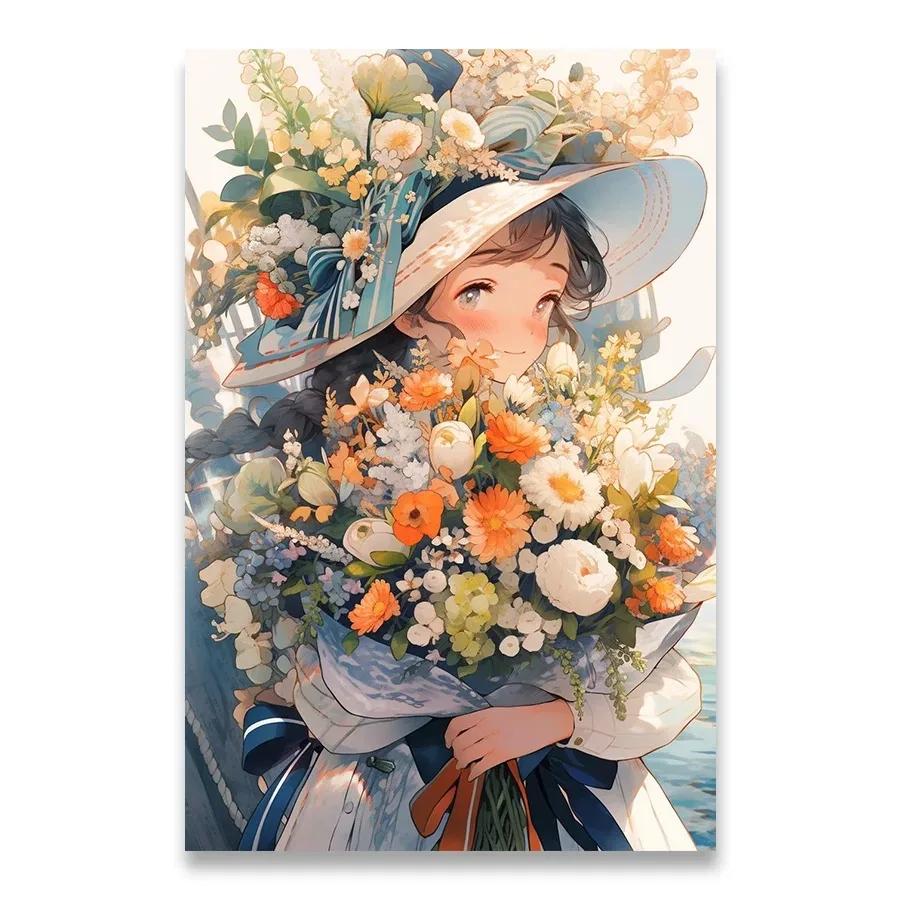 

A Girl Who Loves Flowers Decorative Painting Minimalist Aesthetics Print Canvas Painting for Living Room Modern Home Decor 21X30CMNo Framed