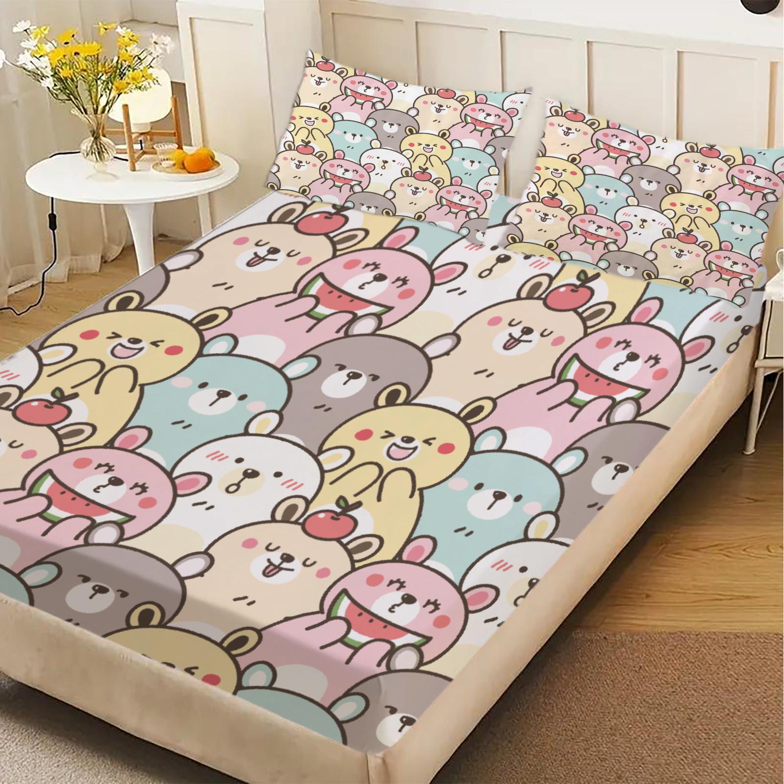

3pcs Fitted Sheet Set Cute Bear Pattern Print Design Easy Care Bed Sheet With Pillowcases For Bedroom Decor 99x190x25cm