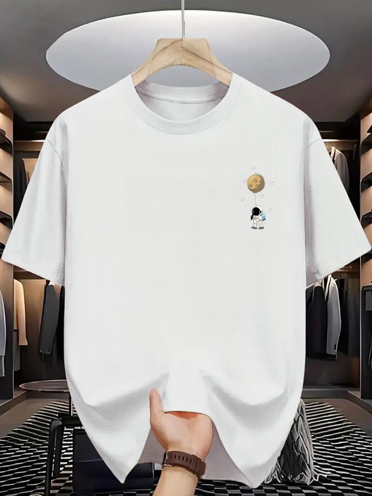 Unisex Cotton Tee Astronaut Planet Chest Graphic Print Loose Breathable Summer Crew Neck Casual Street T Shirt Unisex Daily Wear