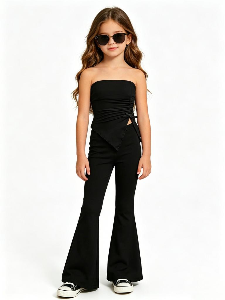 Dívky 8-12 let Letní 2dílná sada Dekorace mašlí Nepravidelný bandeau top Dlouhé zvonové kalhoty Neformální outfit